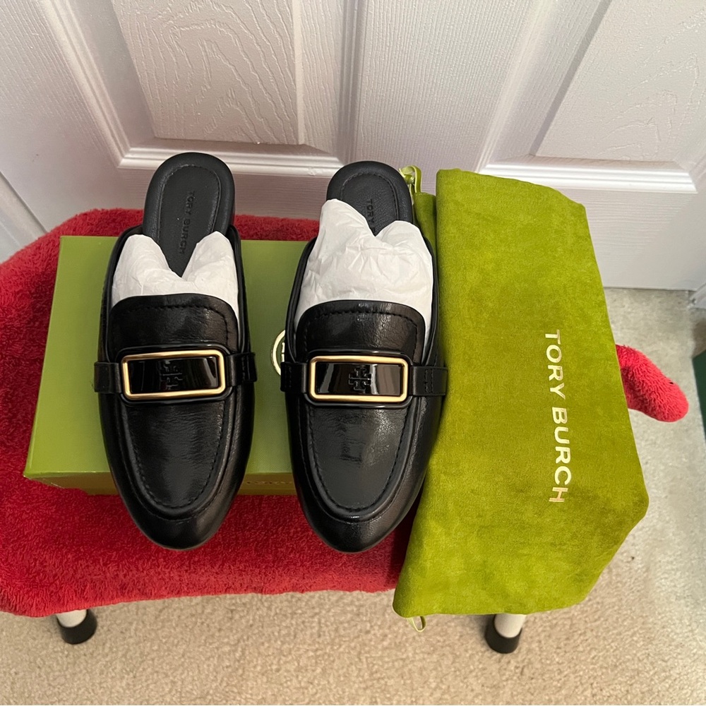 Tory Burch Black Leather Slip-On Loafers with Gold Buckle